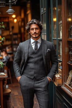 Handsome man wearing a tailored groom suit, standing confidently with natural lighting photo