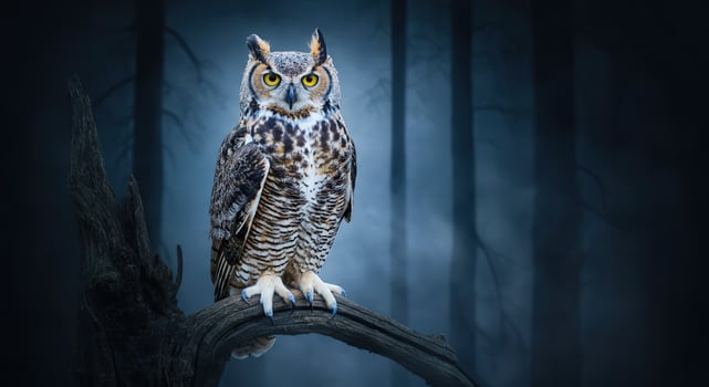 Majestic great horned owl perched in mysterious forest at night photo