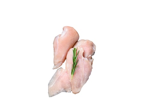Fresh Raw sliced cut chicken breast fillet steaks on a wooden cutting board with kitchen knife. High quality Isolate, white background. photo
