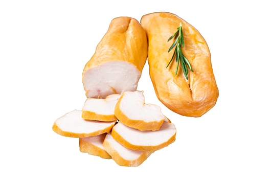 Sliced Smoked chicken breast fillet meat Isolated on white background, top view. photo