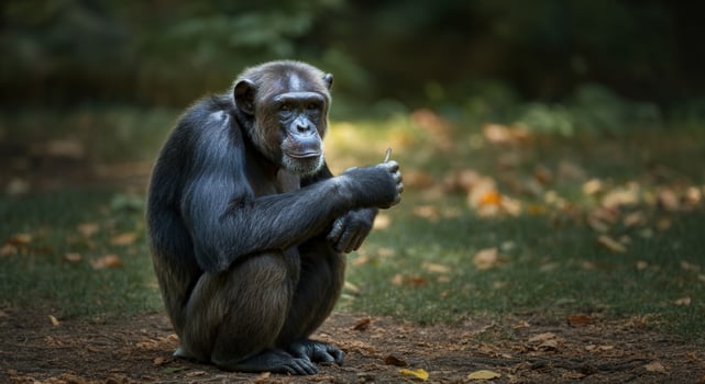 Thoughtful chimpanzee sitting in forest environment photo
