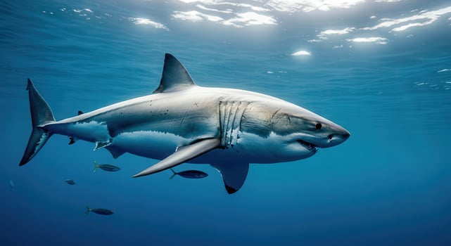 Majestic great white shark gliding effortlessly through crystal clear ocean waters photo