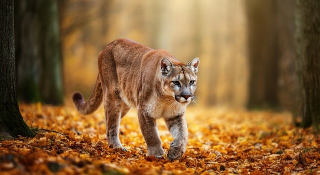 Majestic cougar in autumn forest exploring golden leaves photo