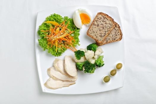 Healthy diet meal with boiled chicken meat, broccoli and vegetables salad photo
