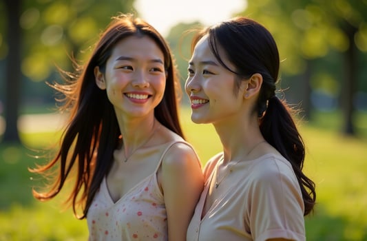 Large portrait of young smiling beautiful two women female Asian photo