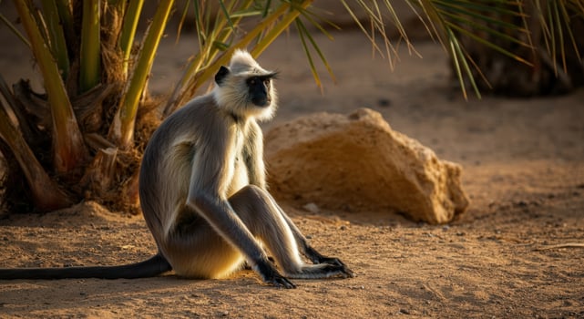 Gray langur in desert habitat at sunset, wildlife conservation theme photo