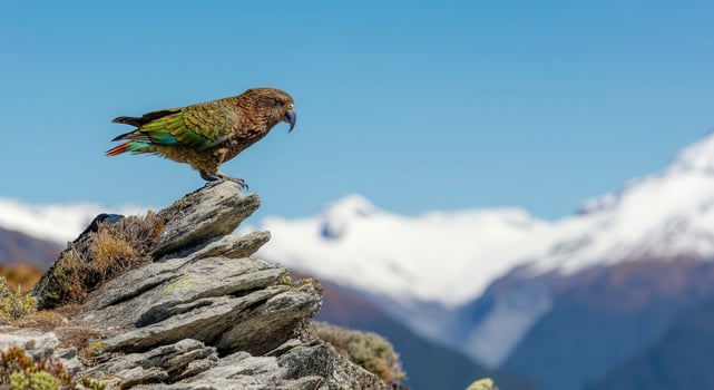 Kea parrot on rocky ledge overlooking snowy mountain landscape in new zealand photo