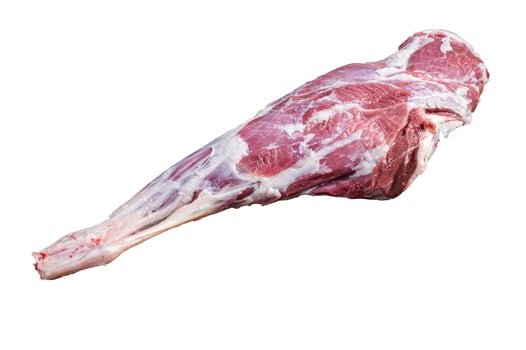 Mutton meat. Raw whole lamb leg thigh on butcher board. Isolated on white background. photo