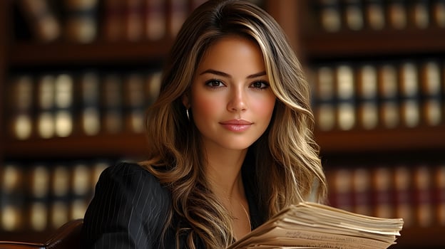 Female lawyer in suit reading case files, courtroom in background, focused on law and justice photo