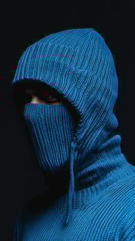 Mysterious Blue Knitted Hoodie Portrait photo