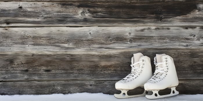 Elegant Ice Skates Against a Rustic Wooden Wall photo