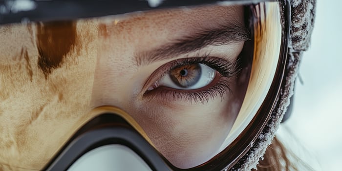 Close-up of a woman's eyes in winter ski goggles photo