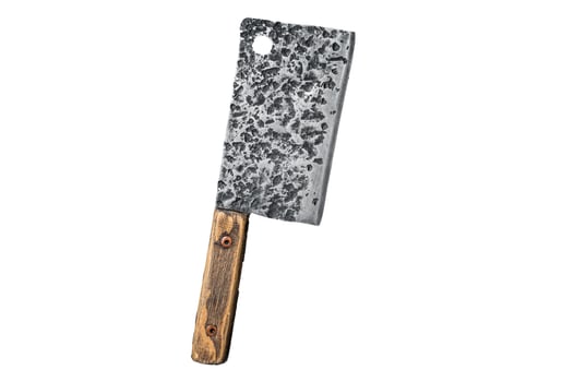 Vintage butcher meat cleaver with cloth towel. Isolated, white background. photo