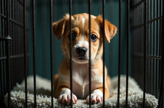 Small dog sitting in cage, puppy in kennel, pet carrier photo