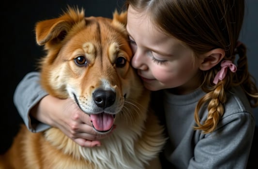 Child Cute hugging pet, friendship of dog and kid, dark background photo