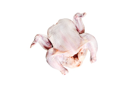 Concept of cooking whole chicken with rosemary and pink pepper. Isolated on white background. photo