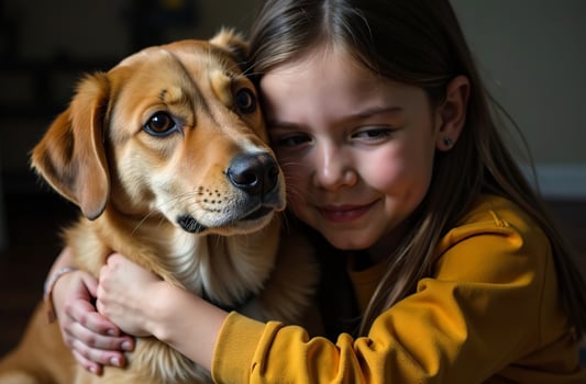 Child Cute hugging pet friendship of dog and kid, dark background photo