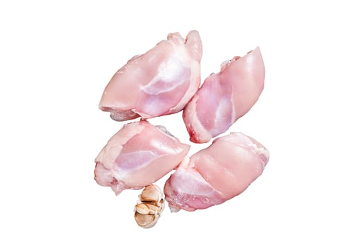 Chicken thigh fillet, Raw Boneless and skinless meat on a cutting board. Isolated, white background. photo