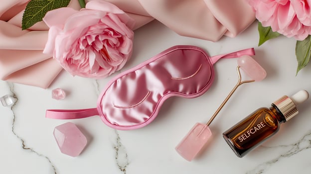Sleep mask with quartz roller and essential oil flat lay image. Elegant self care accessories arrangement photography scene wallpaper. Time for yourself concept photorealistic photo