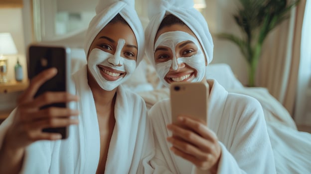 Happy diverse women in bathrobes taking selfies portrait image. Young females enjoying skincare in spa salon picture photorealistic photography. Pampering party concept photo realistic