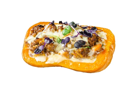 Pumpkin stuffed with mince beef meat, vegetables and herbs Isolated on white background, Top view. photo