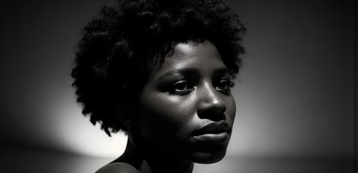 A black and white photo of a woman with an afro