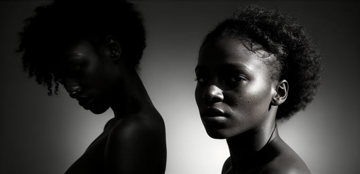 Two black women with afro hair standing in front of a gray background photo