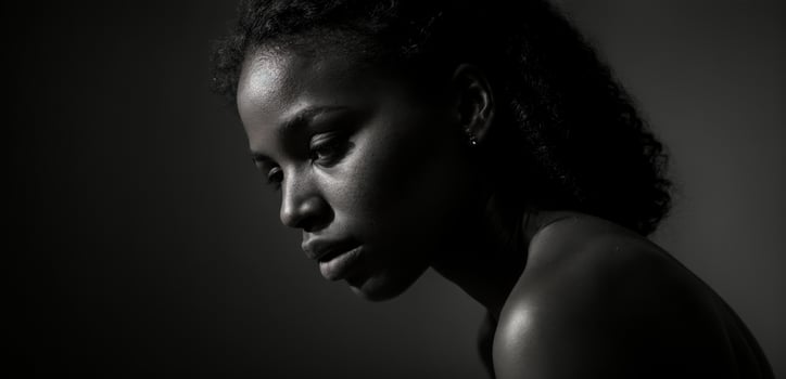 A black and white photo of a woman with her eyes closed