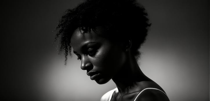 A black and white photo of a woman with an afro