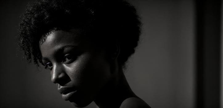 A black and white photo of a woman with a black background