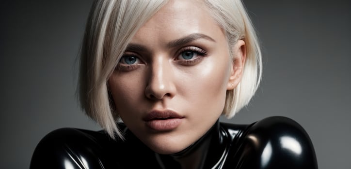 A woman in a latex suit with blonde hair photo