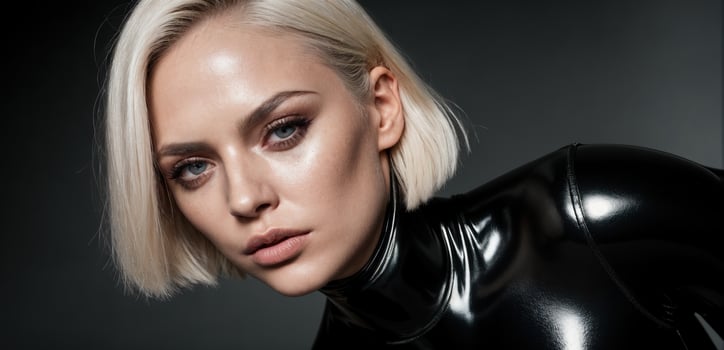 A woman in a latex suit with blonde hair photo