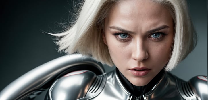 A woman in a silver suit with blue eyes photo