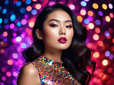Glamorous Asian model in sparkling attire poses against vibrant bokeh backgrounds, perfect for high-fashion editorial and beauty campaigns. photo