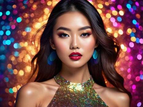 Glamorous Asian model in sparkling attire poses against vibrant bokeh backgrounds, perfect for high-fashion editorial and beauty campaigns. photo