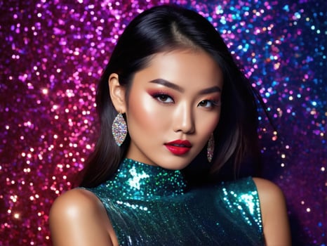 Glamorous Asian model in sparkling attire poses against vibrant bokeh backgrounds, perfect for high-fashion editorial and beauty campaigns. photo