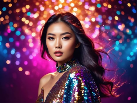 Glamorous Asian model in sparkling attire poses against vibrant bokeh backgrounds, perfect for high-fashion editorial and beauty campaigns. photo