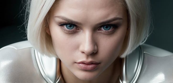 A woman with white hair and blue eyes photo