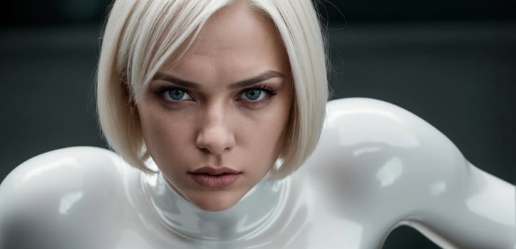A woman in a white suit with blue eyes photo