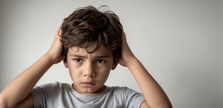 A young boy is holding his head in his hands photo