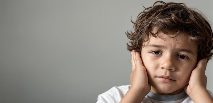 A young boy is holding his hands to his head photo
