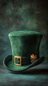 Bright green shamrock hat with gold buckle and black feather for festive celebration photo
