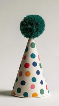 Colorful party hat with polka dots and pom pom displayed on a plain background photo