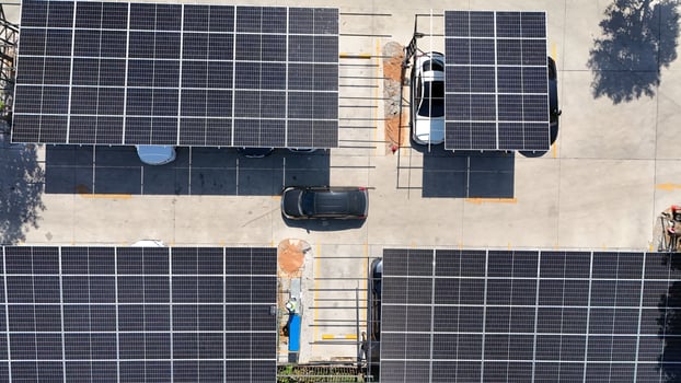 An overhead view of solar panels on a parking lot photo