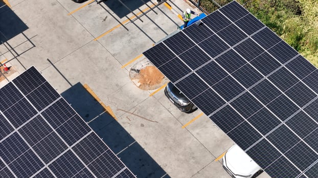 An overhead view of solar panels on a parking lot photo