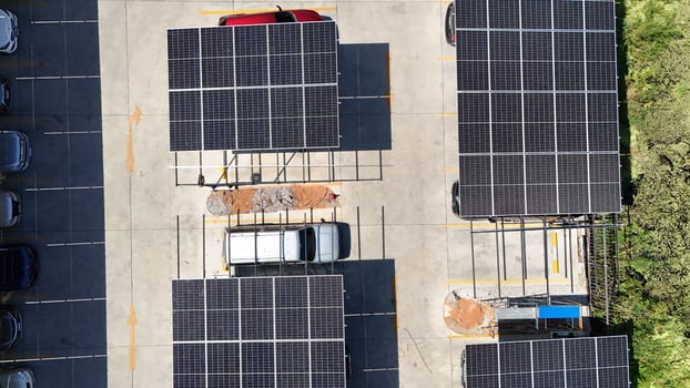 An overhead view of a parking lot with solar panels photo