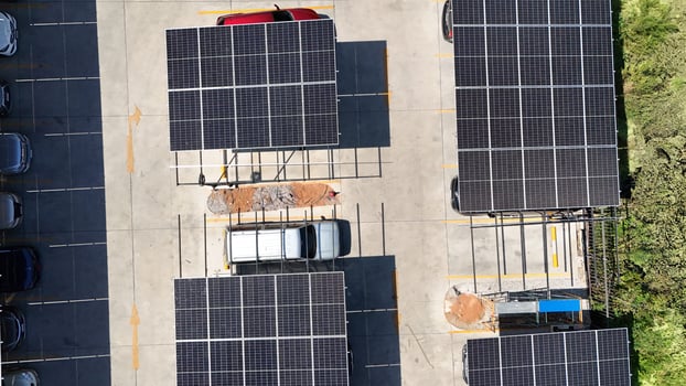 An overhead view of a parking lot with solar panels photo