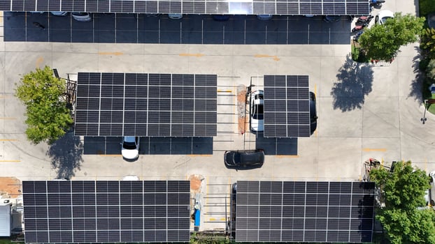 An overhead view of a parking lot with solar panels photo
