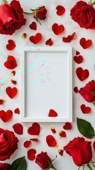 Red roses and heart petals create a romantic frame for a special message or photo display