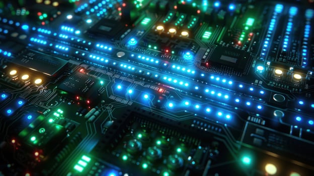 A close-up view of a circuit board illuminated by colorful LED lights, showcasing technology. photo